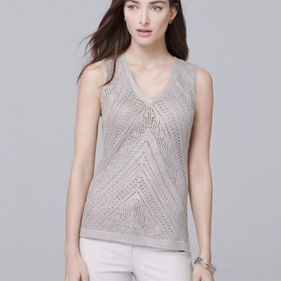 White House Black Market Metallic Sweater Vest XS Coastal Chic Preppy Glitter - Picture 1 of 12